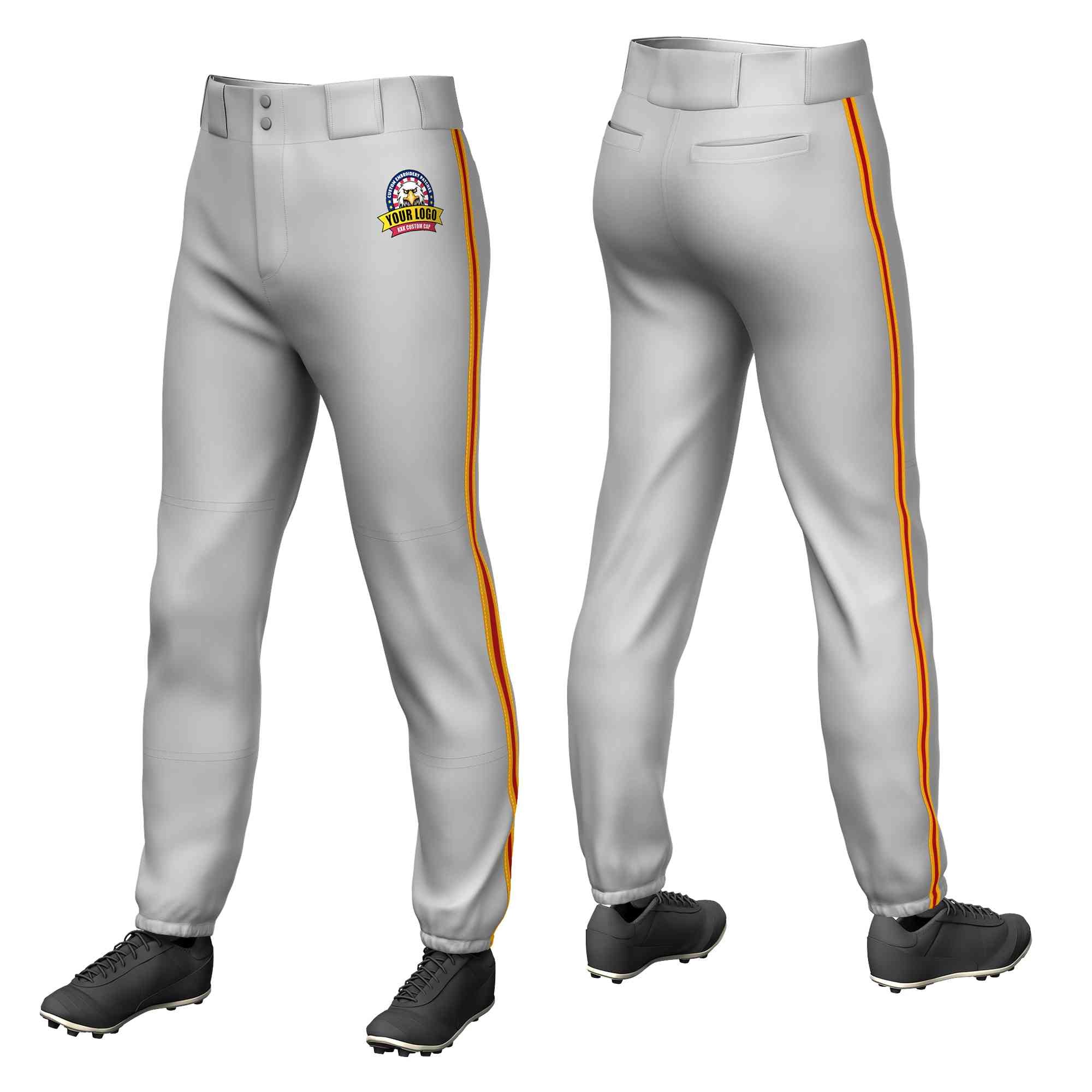 Pantalon de baseball à traction extensible, coupe classique, personnalisé, gris, jaune, rouge-jaune