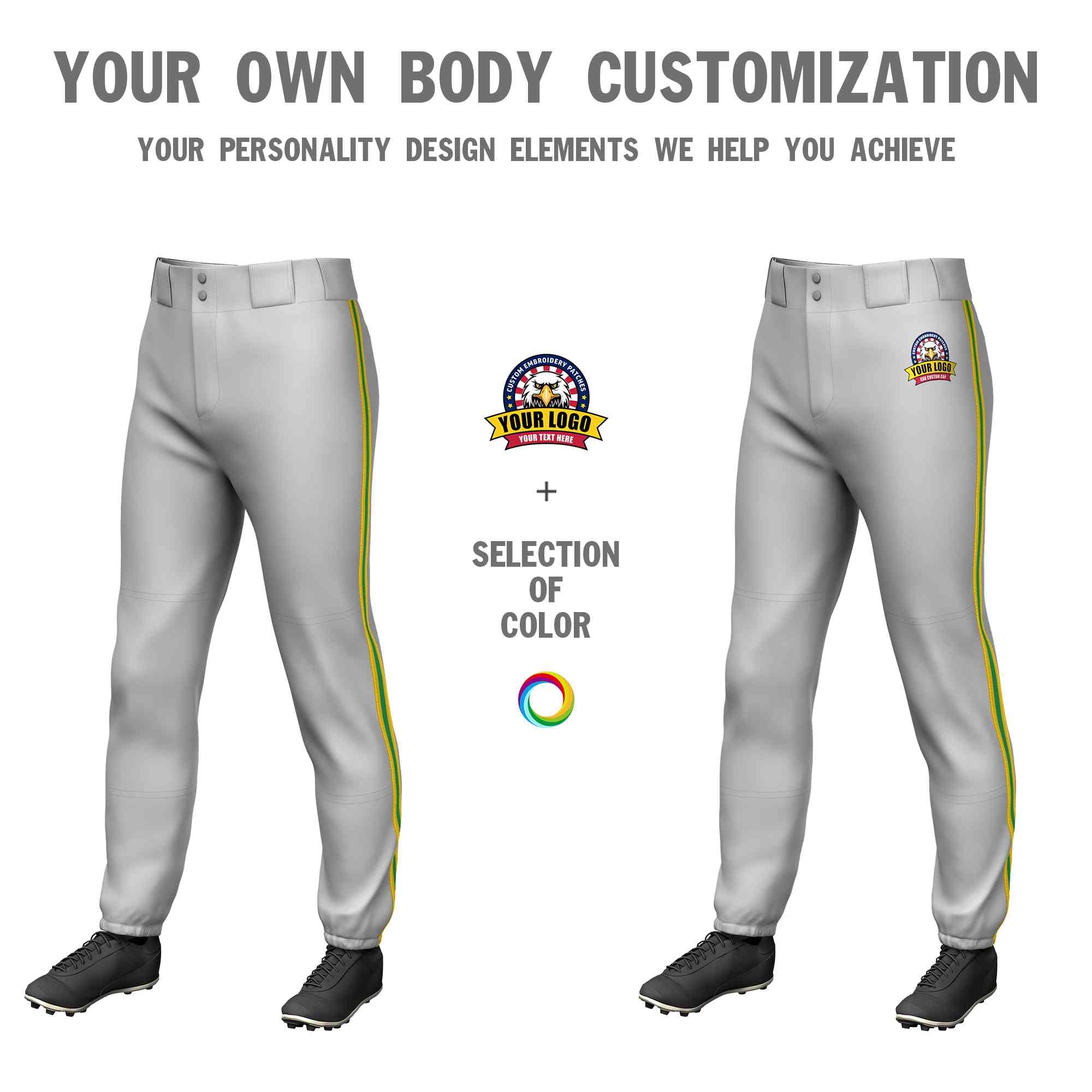 Custom Gray Gold Kelly Green-Gold Classic Fit Stretch Practice Pull-up Baseball Pants