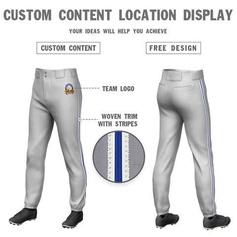 Custom Gray White Royal-White Classic Fit Stretch Practice Pull-up Baseball Pants