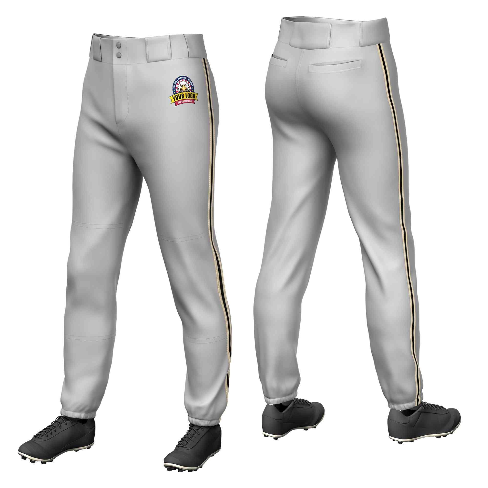 Custom Gray Khaki Black-Khaki Classic Fit Stretch Practice Pull-up Baseball Pants