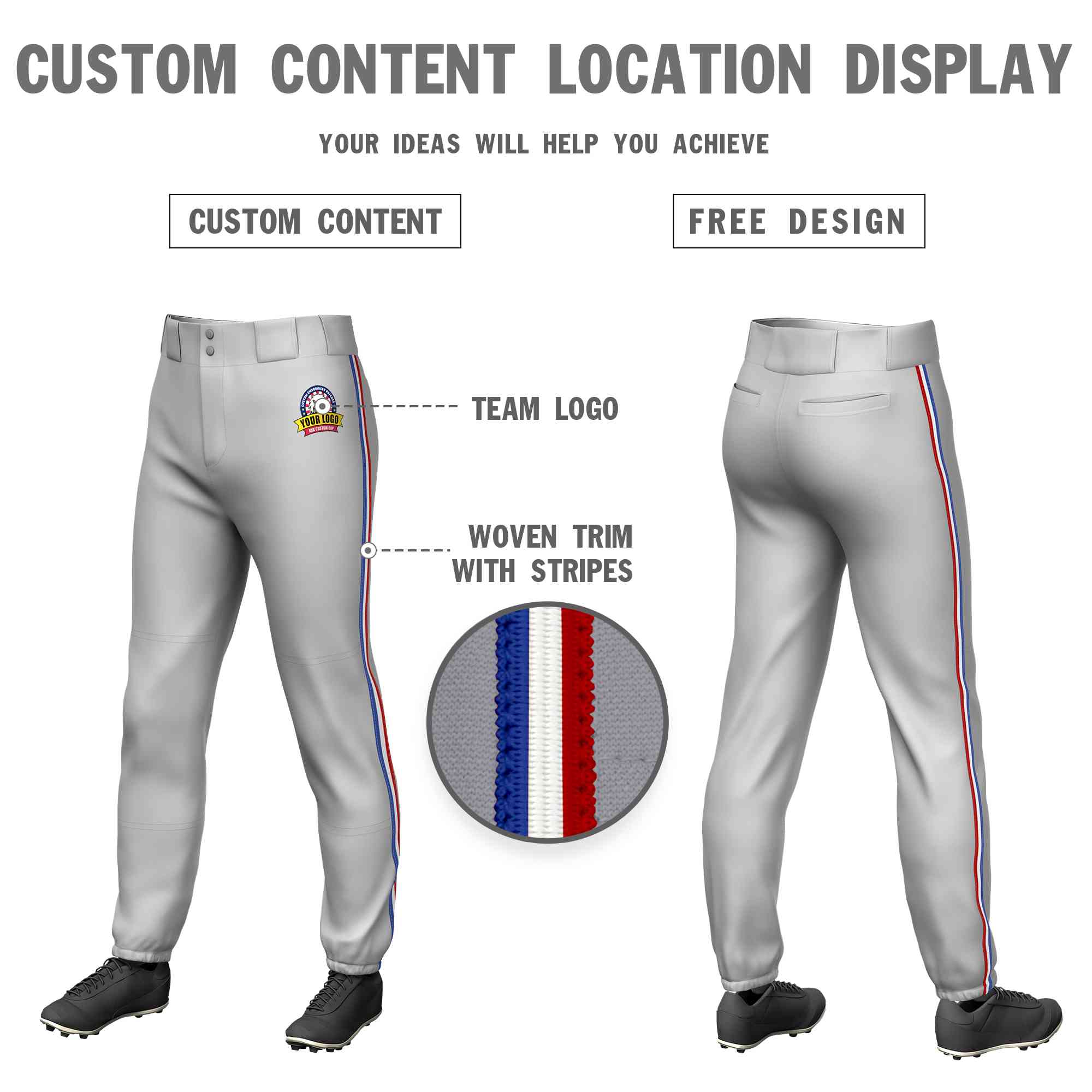 Pantalon de baseball extensible personnalisé gris royal blanc-rouge coupe classique