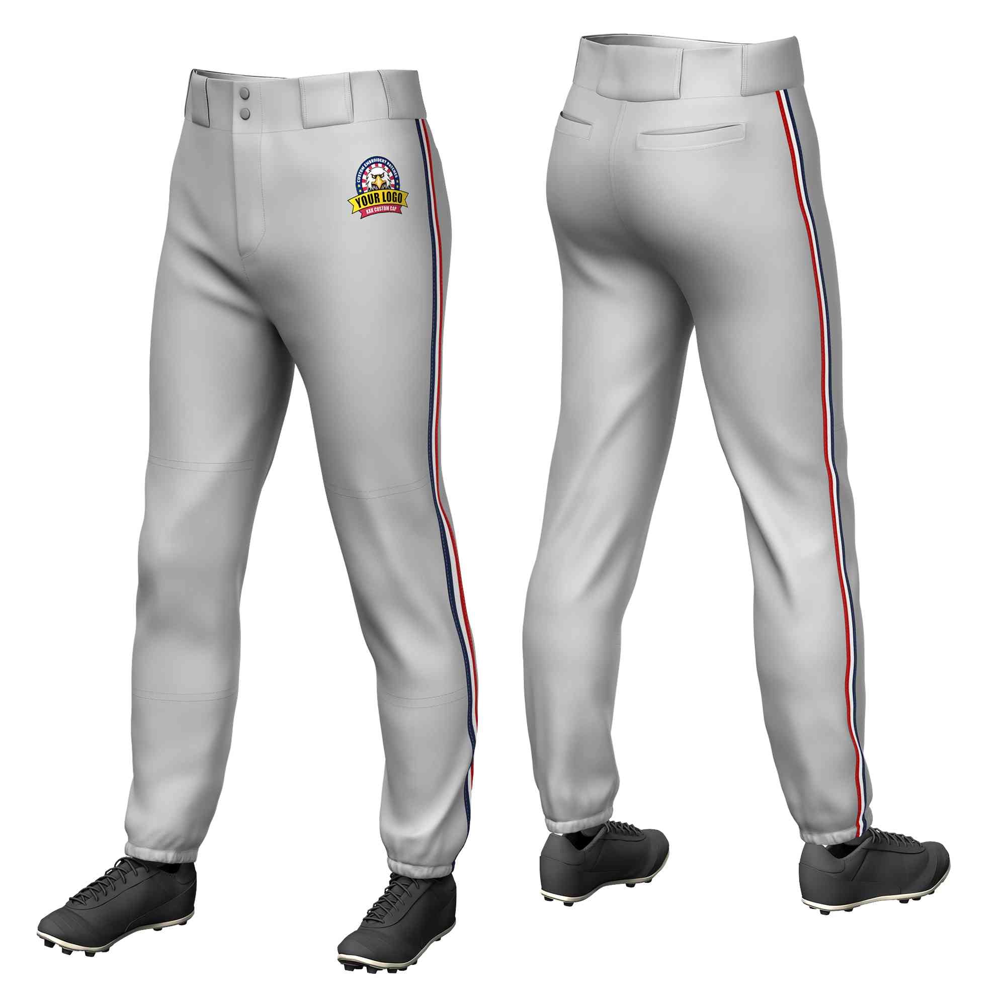 Custom Gray Navy White-Red Classic Fit Stretch Practice Pull-up Baseball Pants