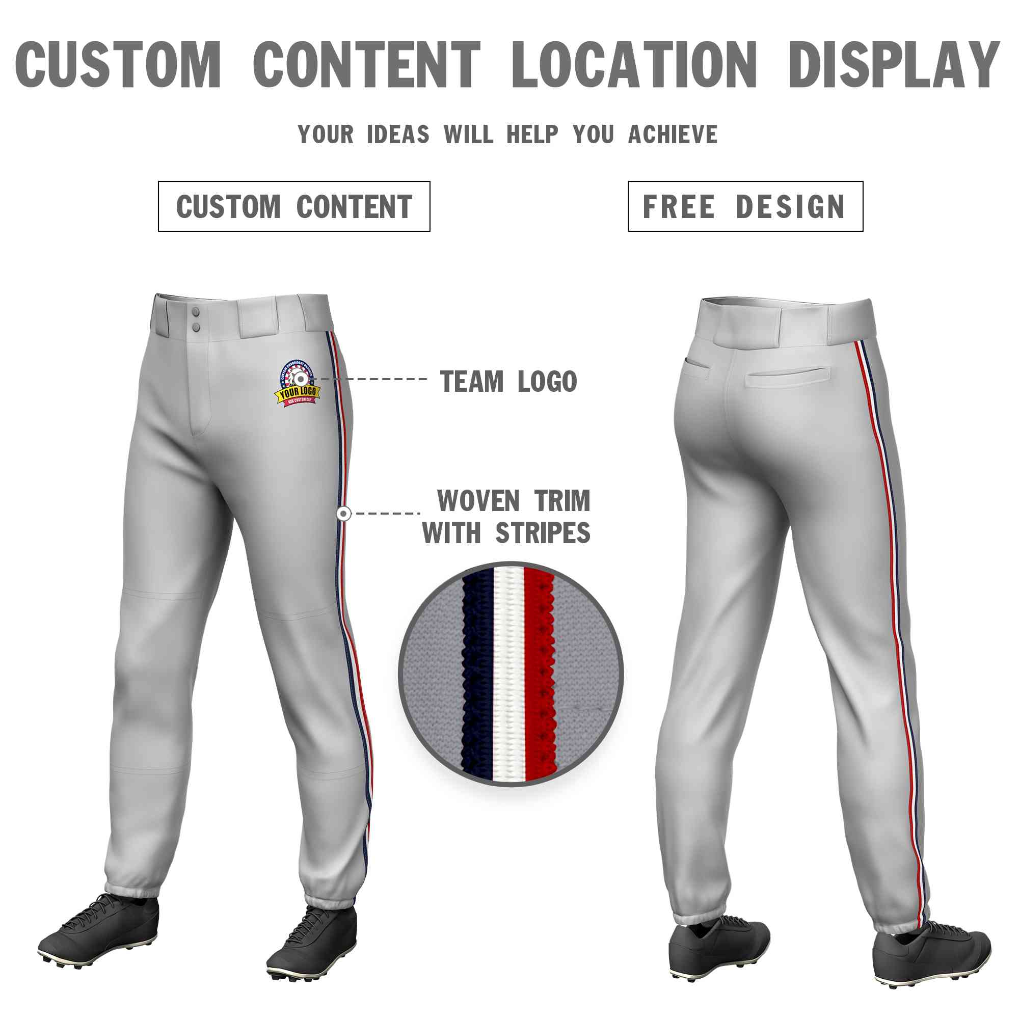 Custom Gray Navy White-Red Classic Fit Stretch Practice Pull-up Baseball Pants