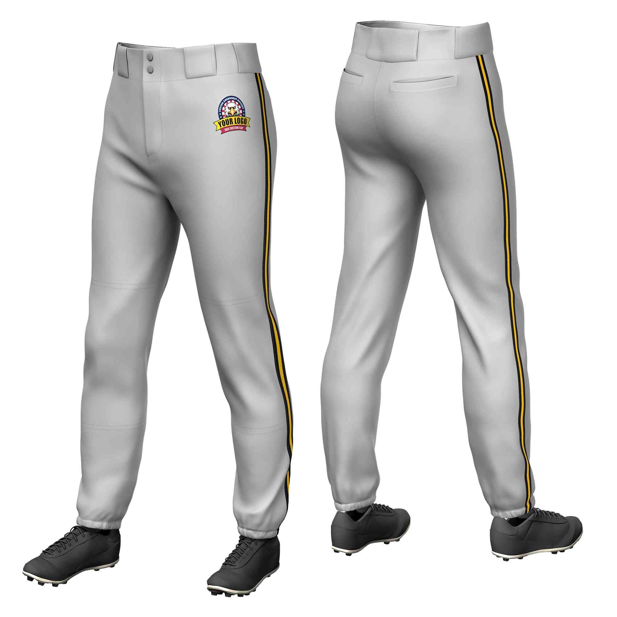 Custom Gray Black Gold-Black Classic Fit Stretch Practice Pull-up Baseball Pants