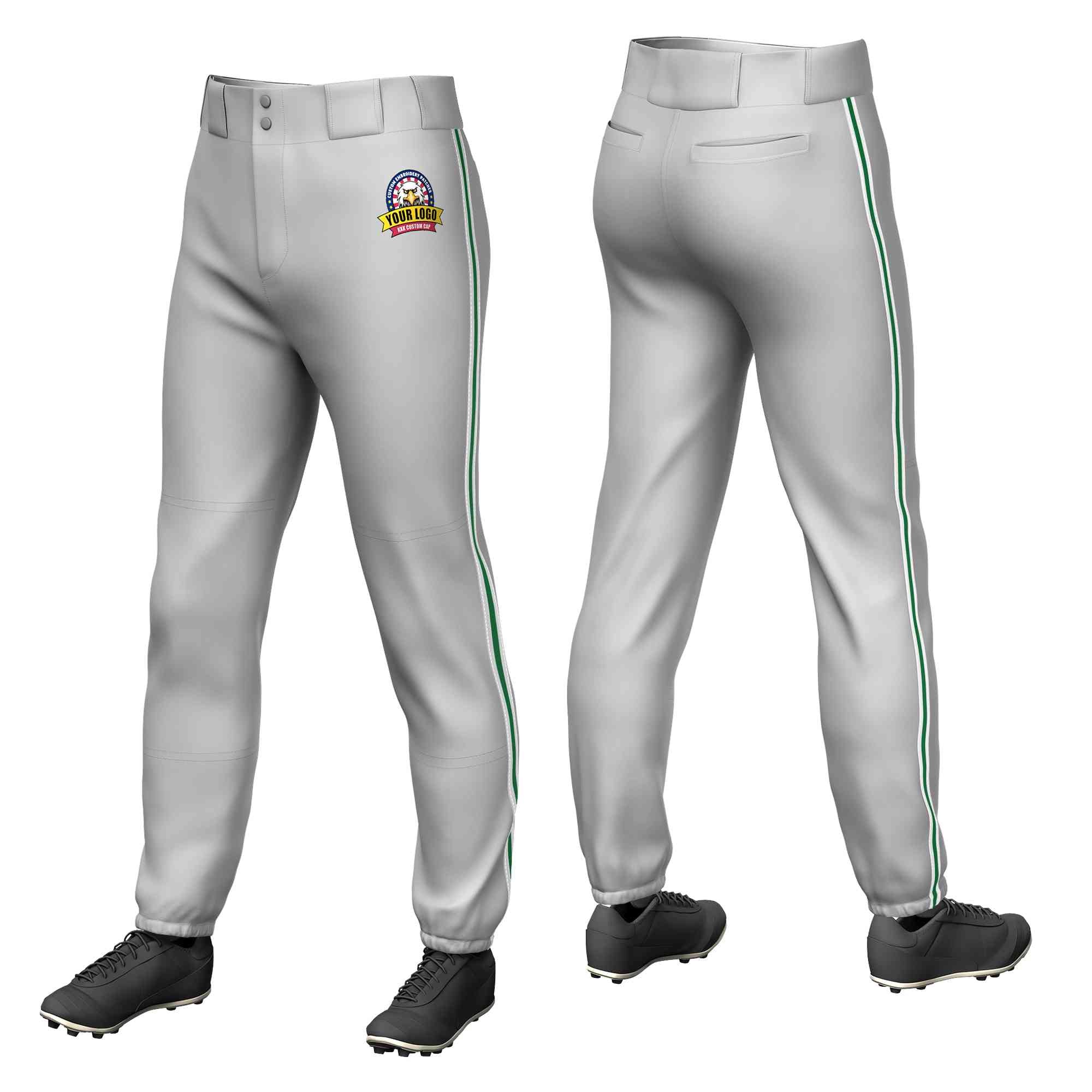 Custom Gray White Kelly Green-White Classic Fit Stretch Practice Pull-up Baseball Pants