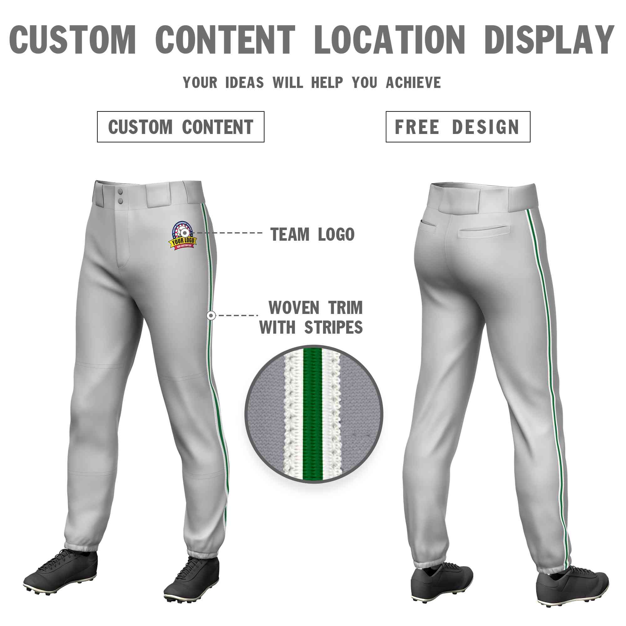 Custom Gray White Kelly Green-White Classic Fit Stretch Practice Pull-up Baseball Pants