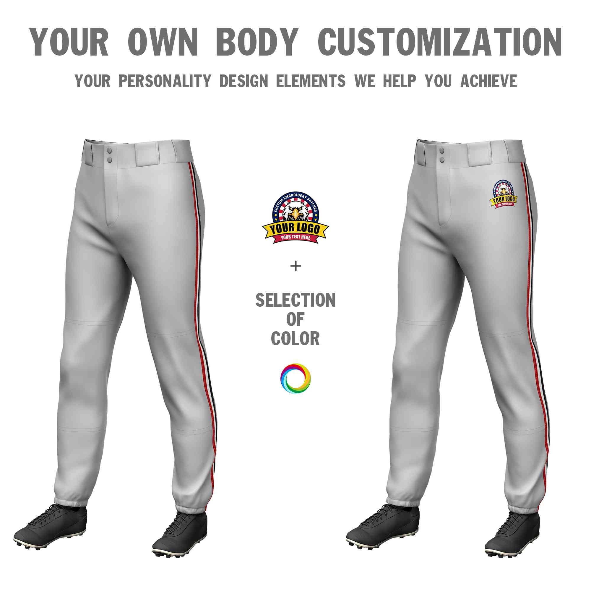 Custom Gray Red White-Black Classic Fit Stretch Practice Pull-up Baseball Pants