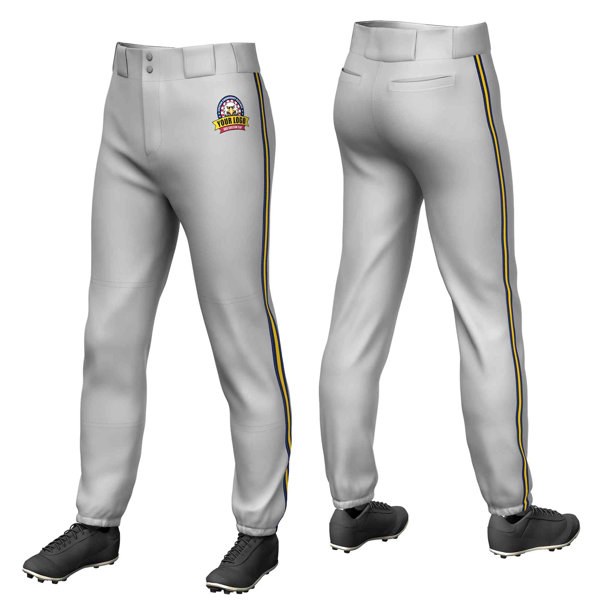 Custom Gray Navy Gold-Navy Classic Fit Stretch Practice Pull-up Baseball Pants