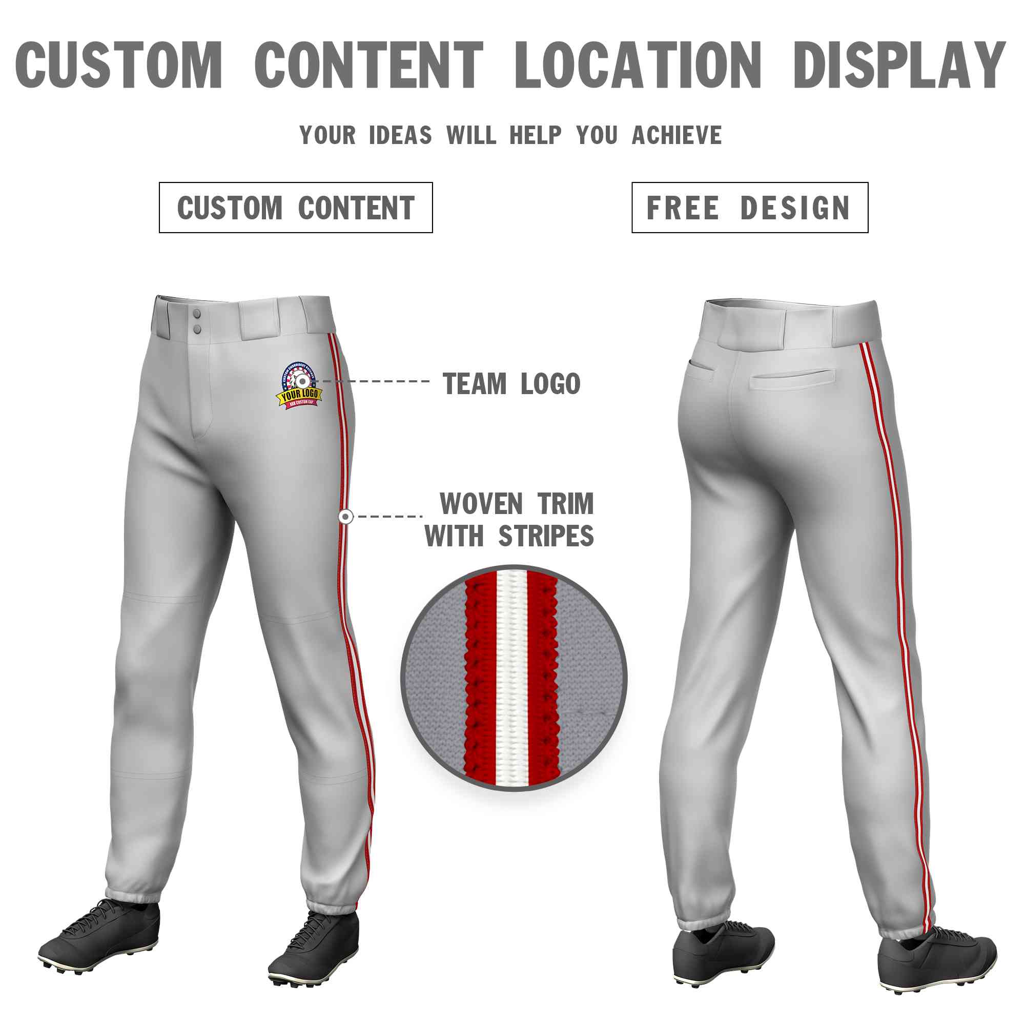 Pantalon de baseball pull-up extensible, coupe classique, personnalisé, gris, rouge, blanc-rouge