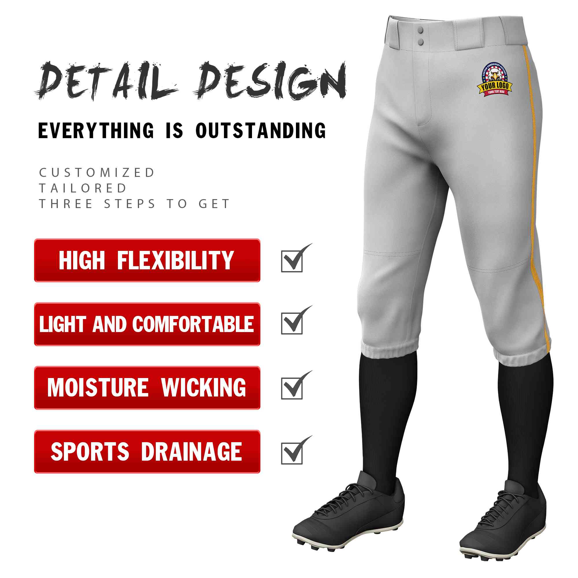 Pantalon de baseball personnalisé gris vieux or, coupe classique, culotte d'entraînement extensible