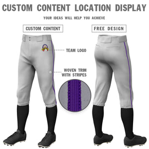 Custom Gray Purple Classic Fit Stretch Practice Knickers Baseball Pants