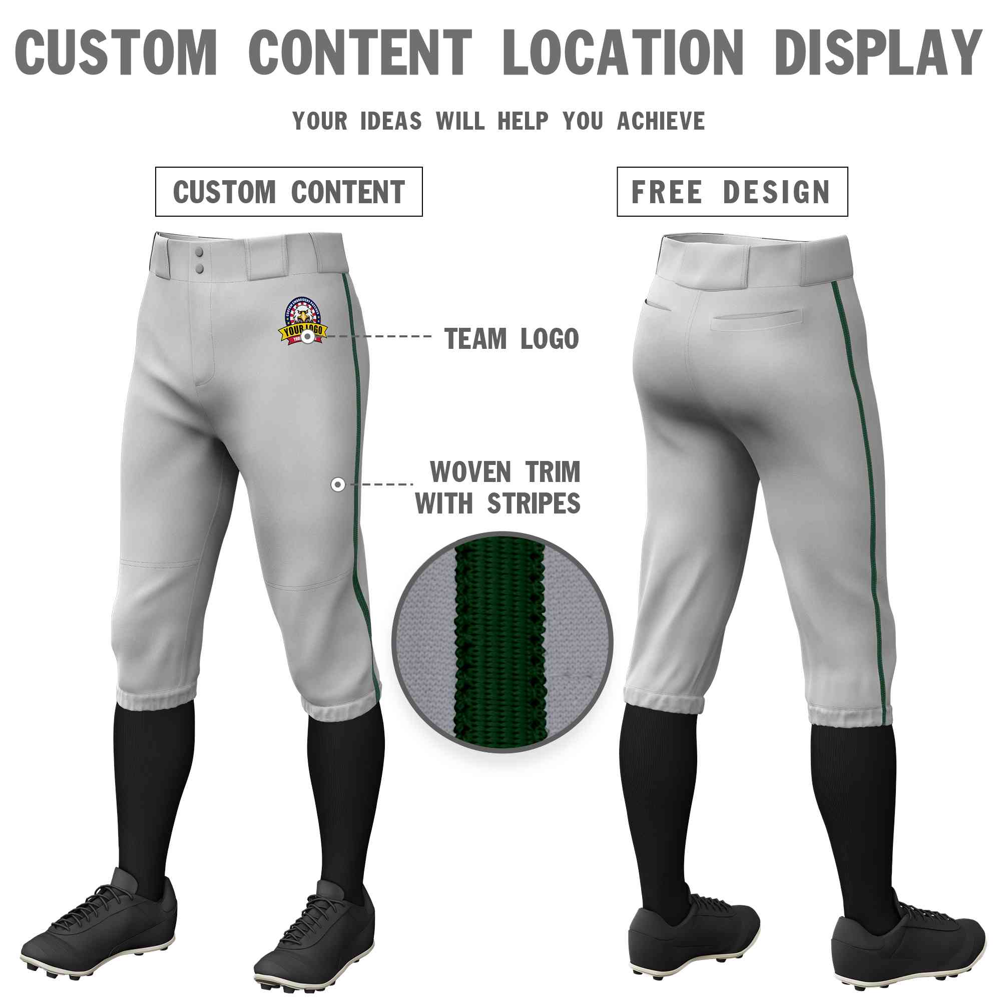 Custom Gray Green Classic Fit Stretch Practice Knickers Baseball Pants