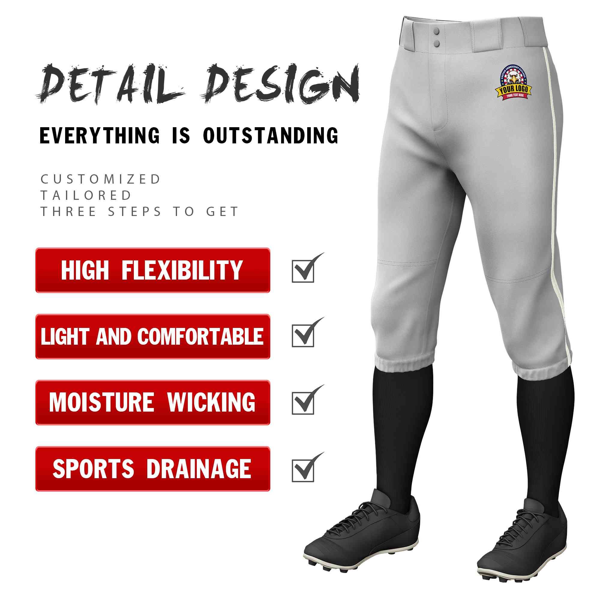 Custom Gray Cream Classic Fit Stretch Practice Knickers Baseball Pants