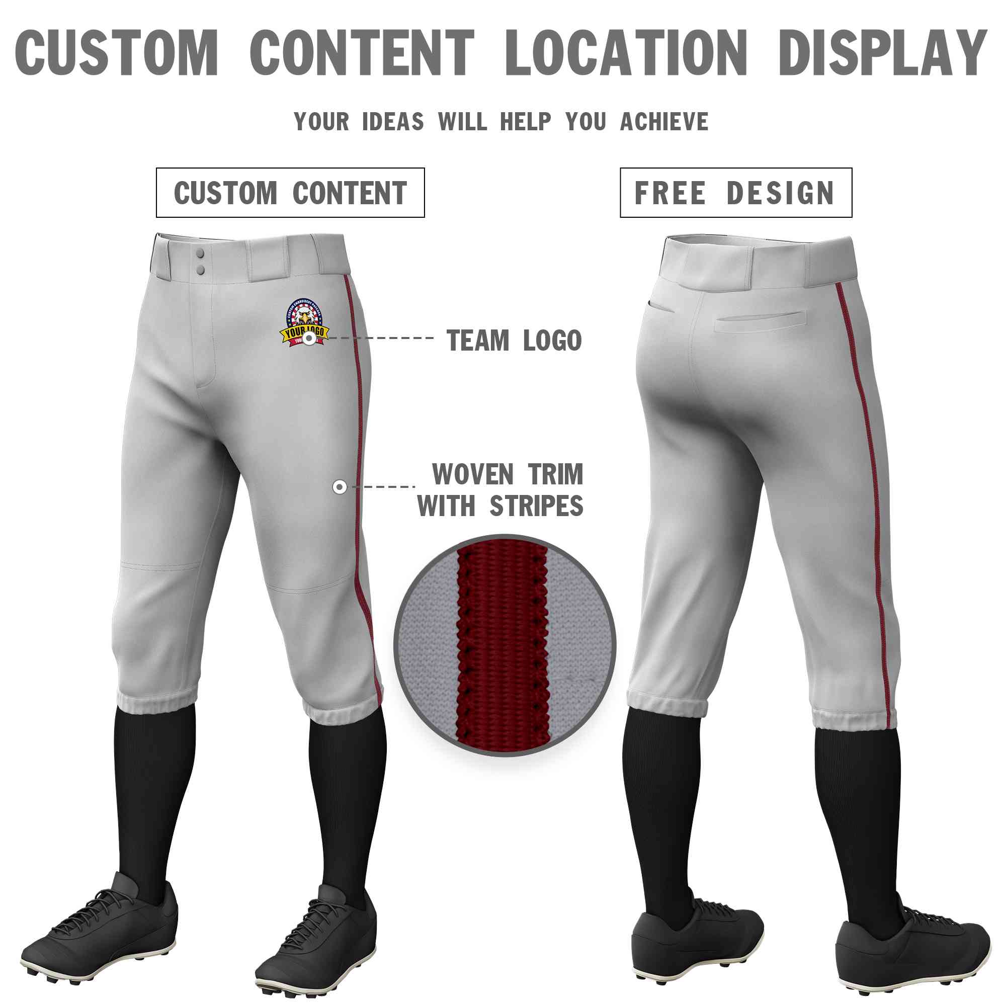 Pantalon de baseball personnalisé gris cramoisi, coupe classique, culotte d'entraînement extensible