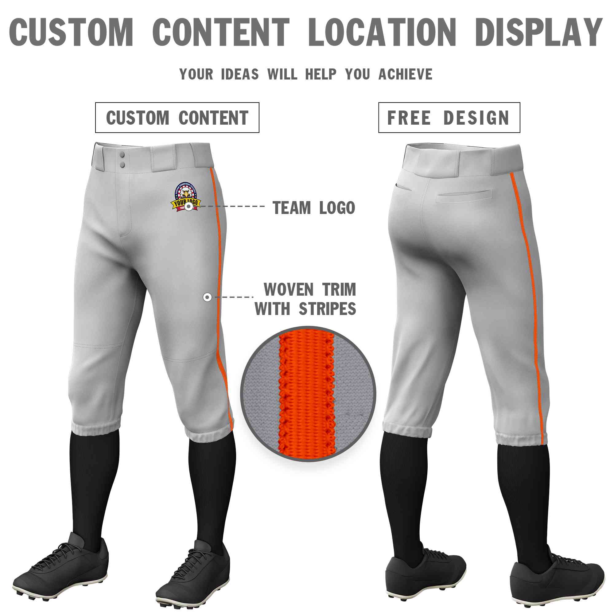 Custom Gray Orange Classic Fit Stretch Practice Knickers Baseball Pants