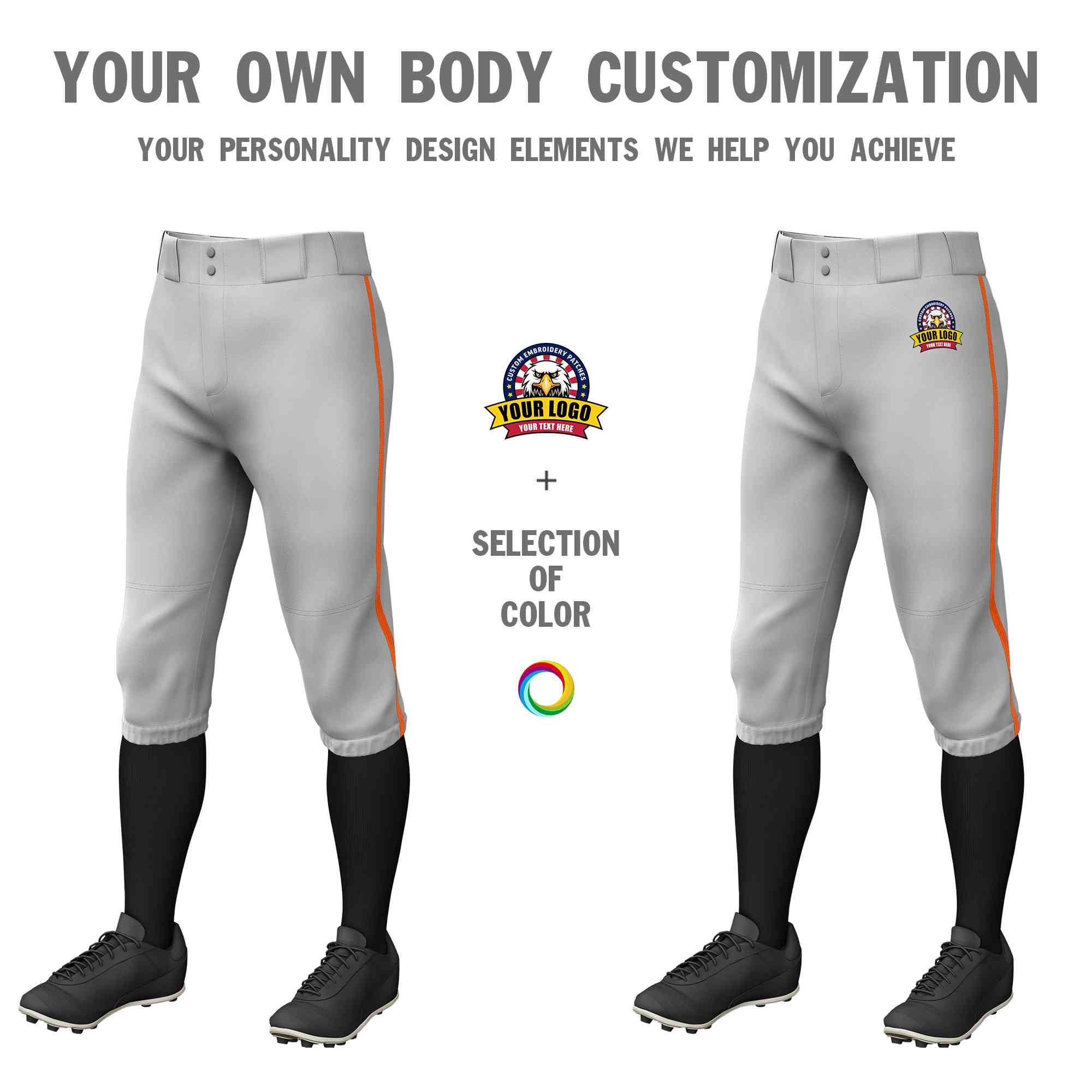 Custom Gray Orange Classic Fit Stretch Practice Knickers Baseball Pants