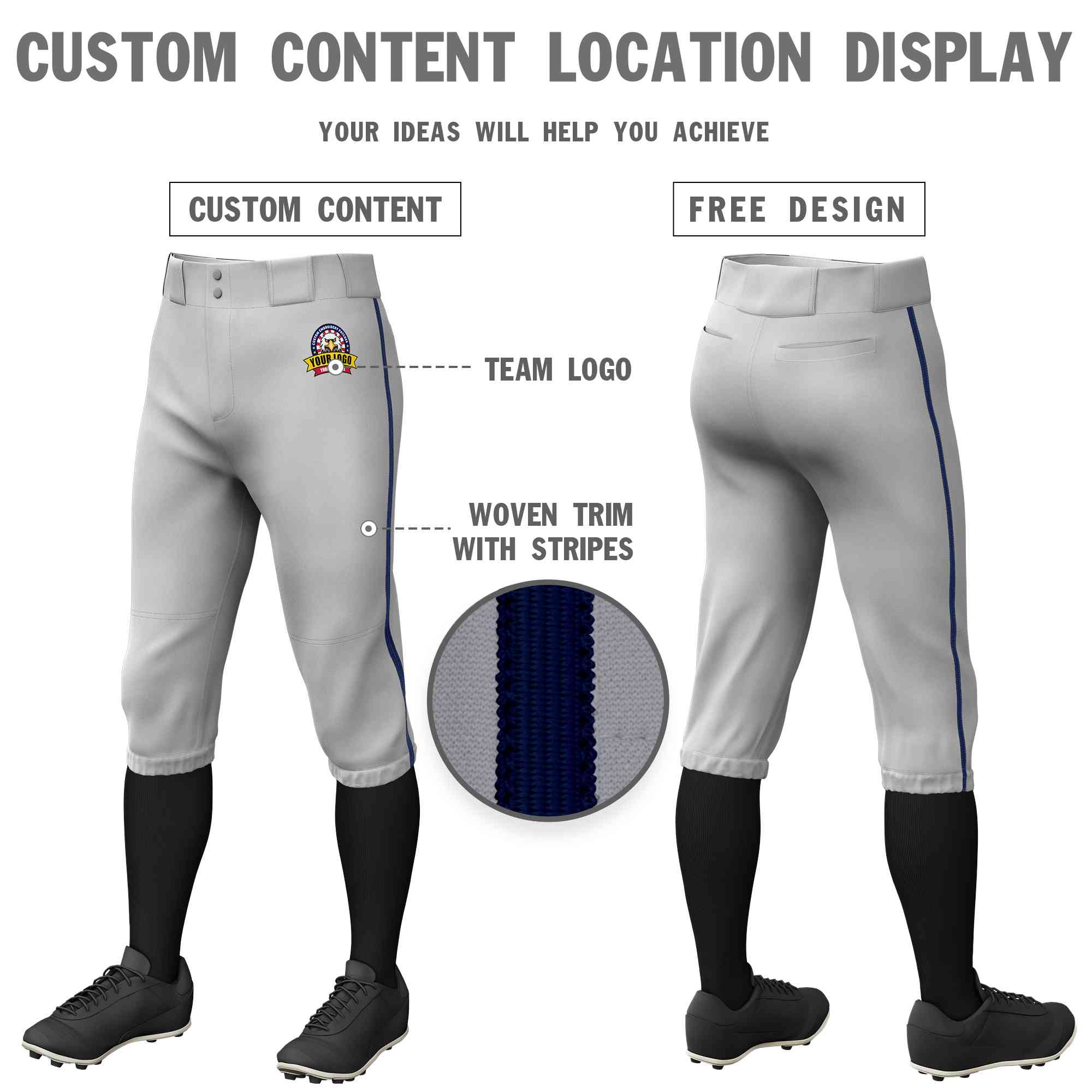 Custom Gray Navy Classic Fit Stretch Practice Knickers Baseball Pants