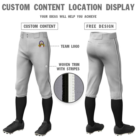 Custom Gray Black-White Classic Fit Stretch Practice Knickers Baseball Pants