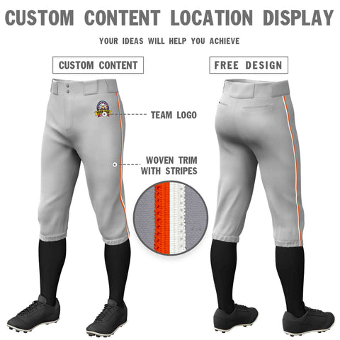 Custom Gray Orange-White Classic Fit Stretch Practice Knickers Baseball Pants