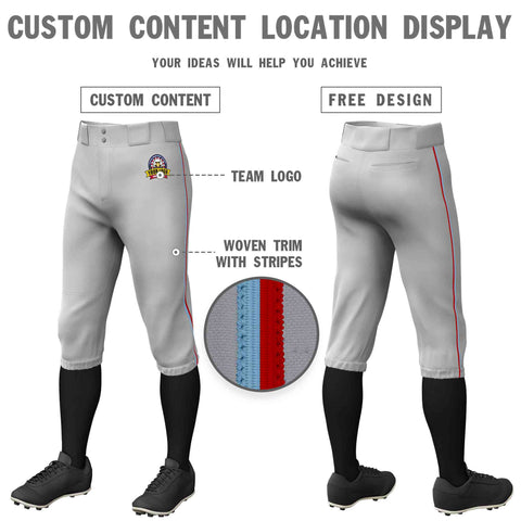 Custom Gray Light Blue-Red Classic Fit Stretch Practice Knickers Baseball Pants