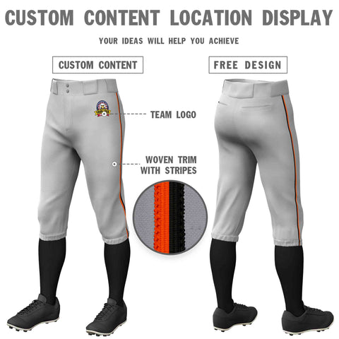 Custom Gray Orange-Black Classic Fit Stretch Practice Knickers Baseball Pants