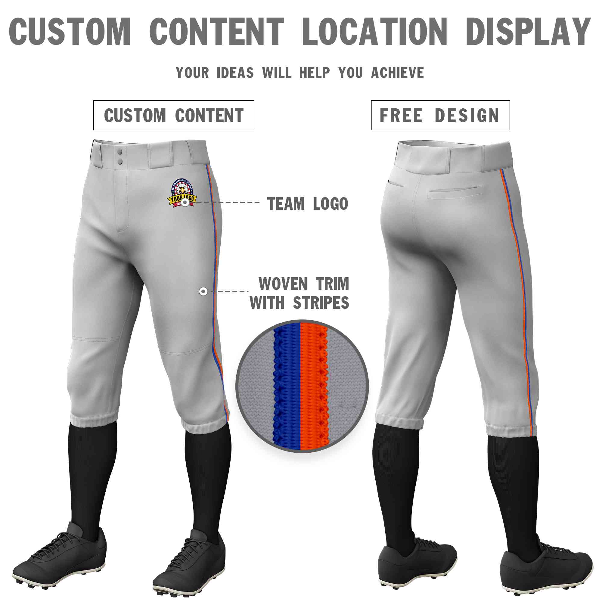 Pantalon de baseball personnalisé gris royal-orange, coupe classique, culotte d'entraînement extensible