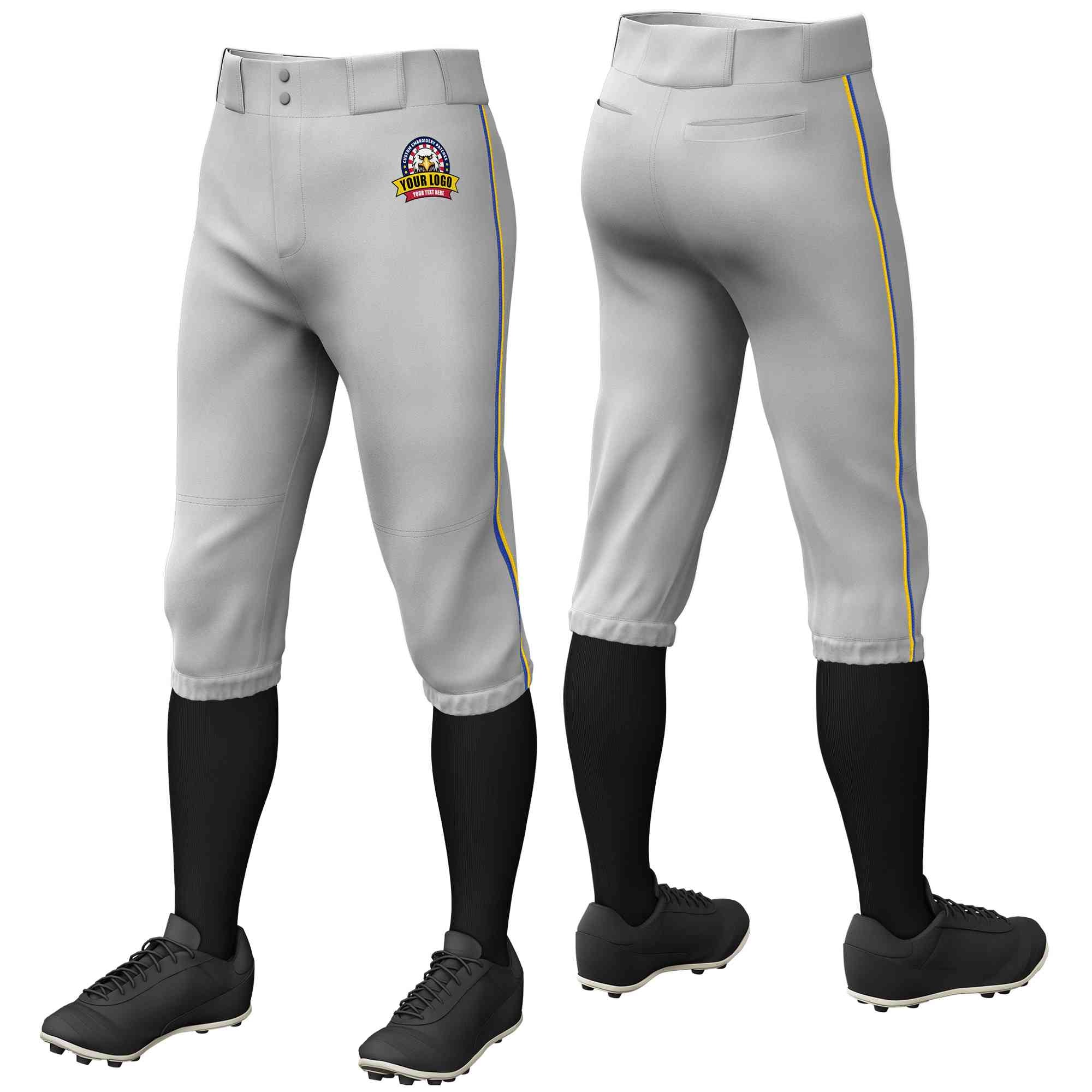 Pantalon de baseball personnalisé gris royal-or, coupe classique, culotte d'entraînement extensible