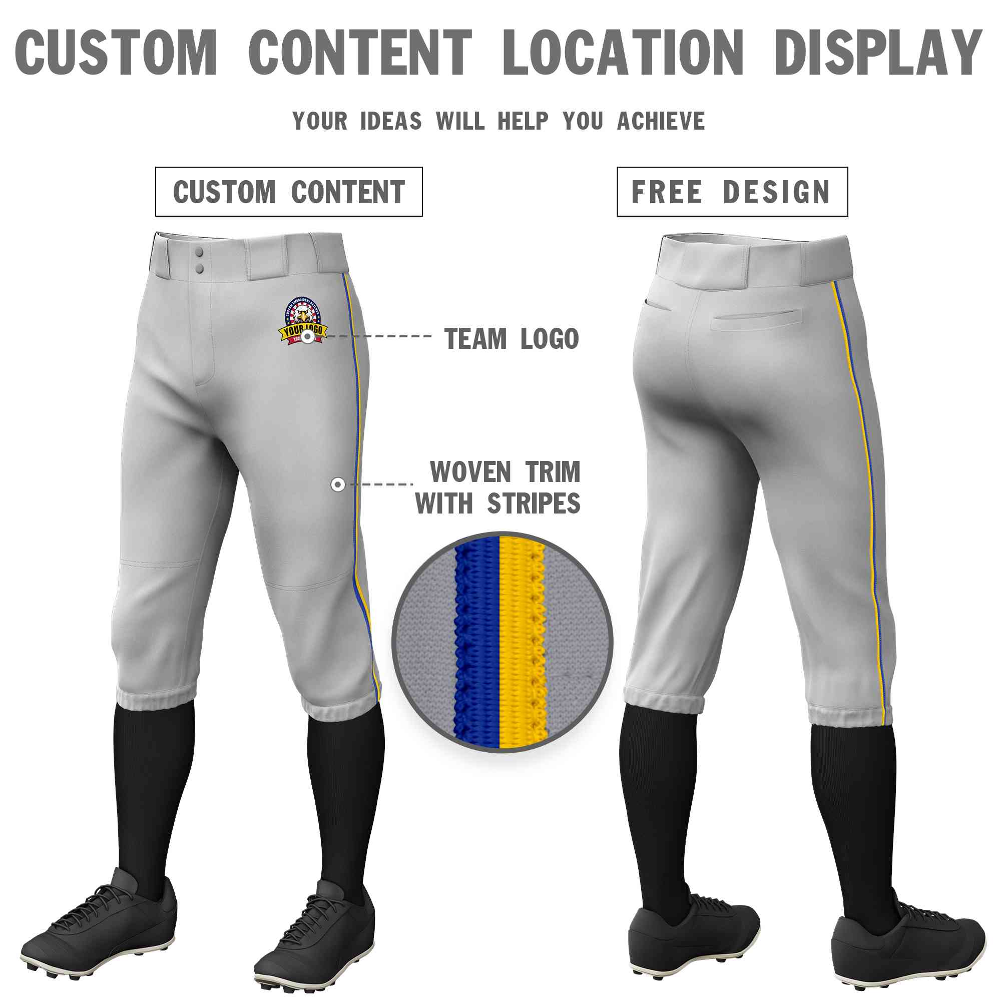 Pantalon de baseball personnalisé gris royal-or, coupe classique, culotte d'entraînement extensible