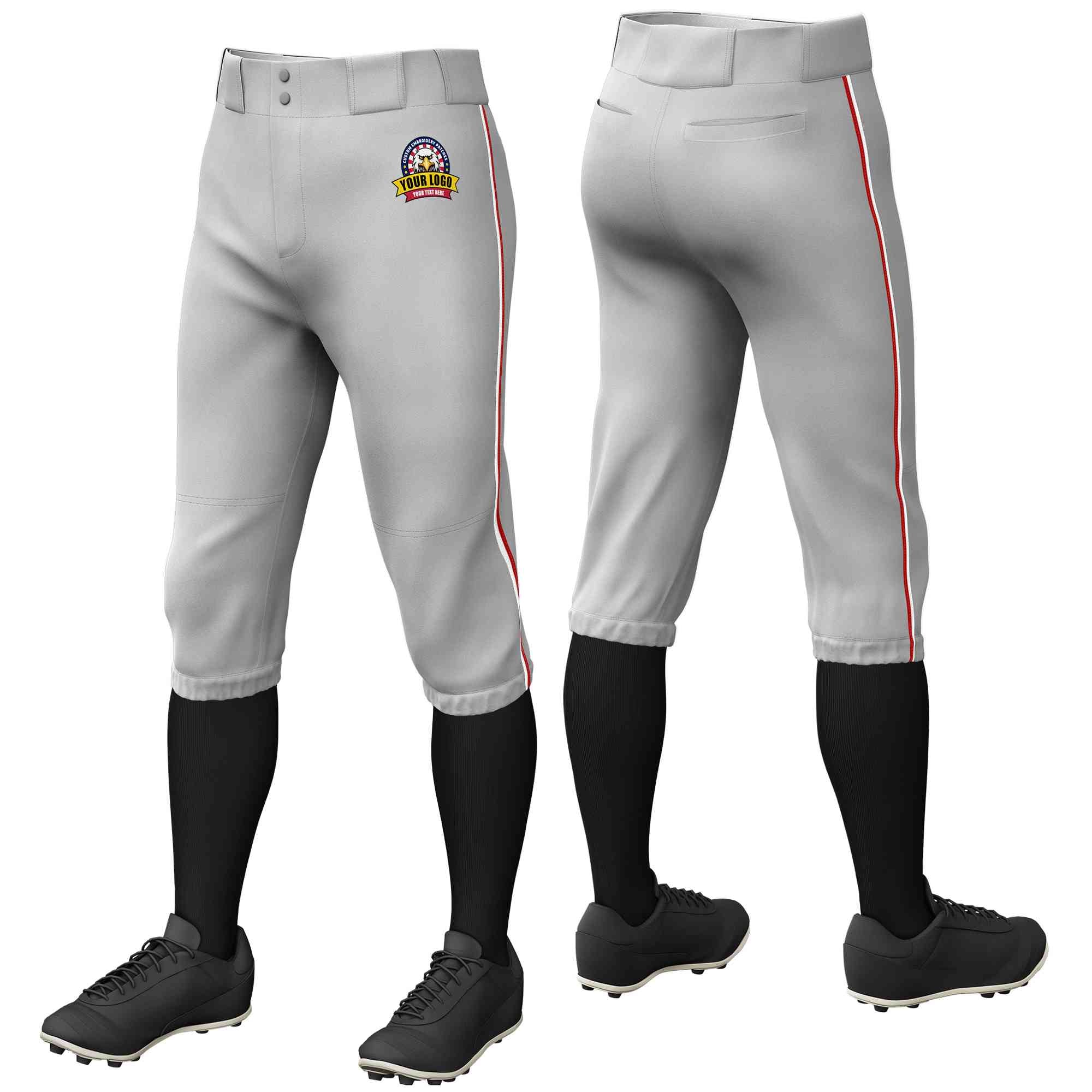 Pantalon de baseball personnalisé gris blanc-rouge, coupe classique, culotte d'entraînement extensible