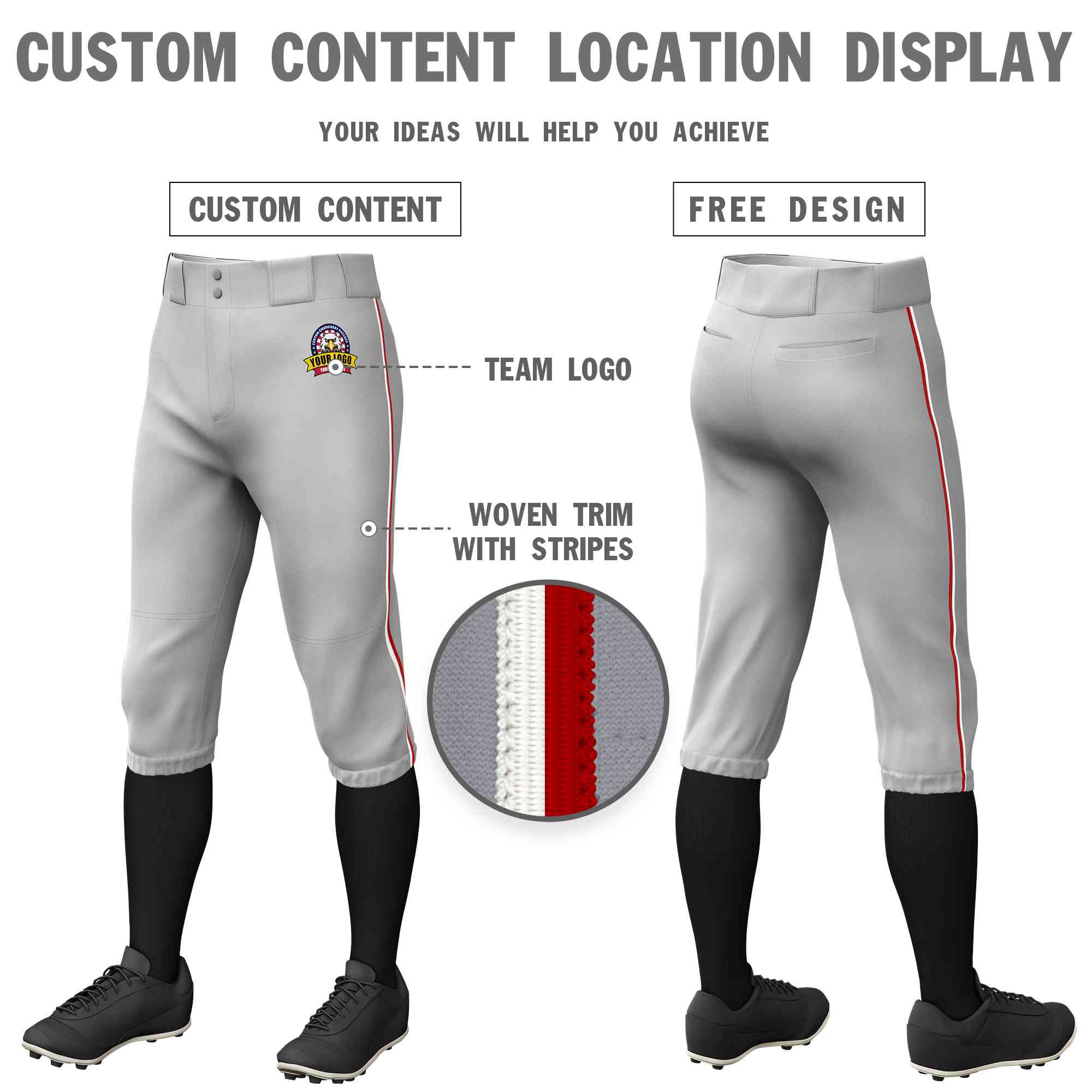 Pantalon de baseball personnalisé gris blanc-rouge, coupe classique, culotte d'entraînement extensible