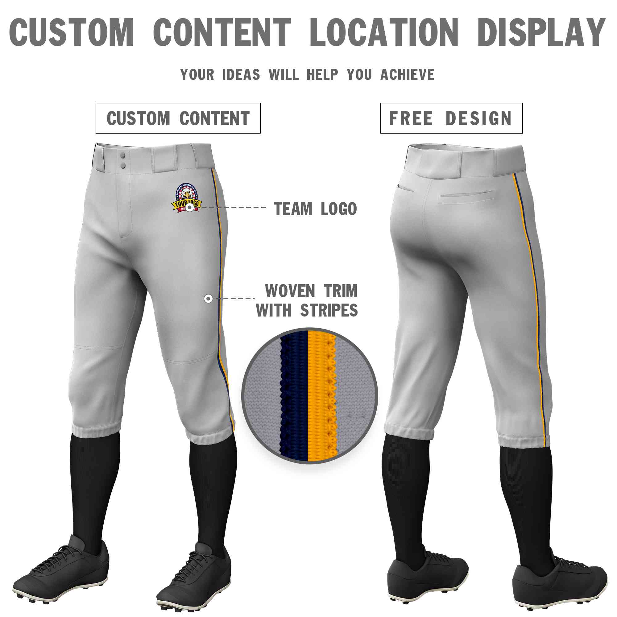 Pantalon de baseball personnalisé gris marine-jaune, coupe classique, culotte d'entraînement extensible