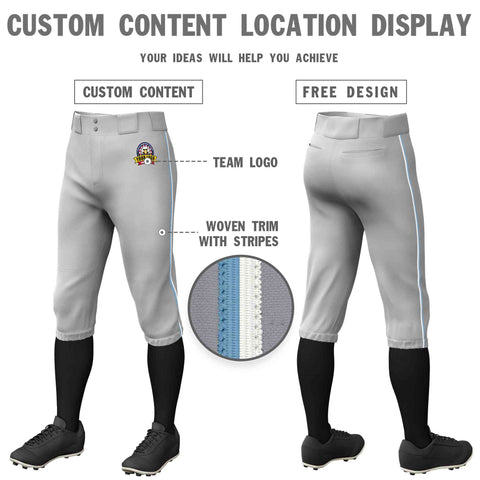 Custom Gray Light Blue-White Classic Fit Stretch Practice Knickers Baseball Pants