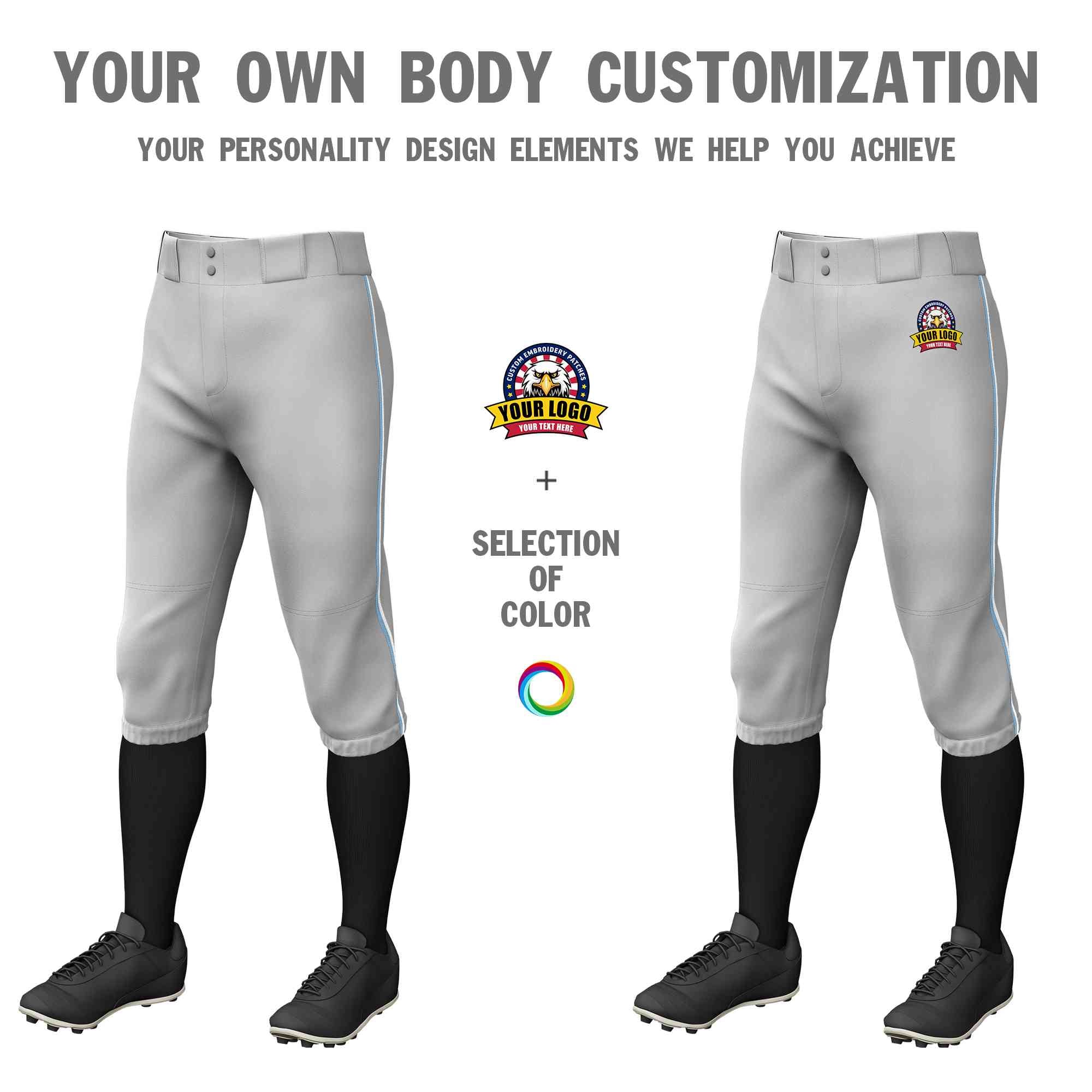 Pantalon de baseball personnalisé gris bleu clair-blanc, coupe classique, culotte d'entraînement extensible