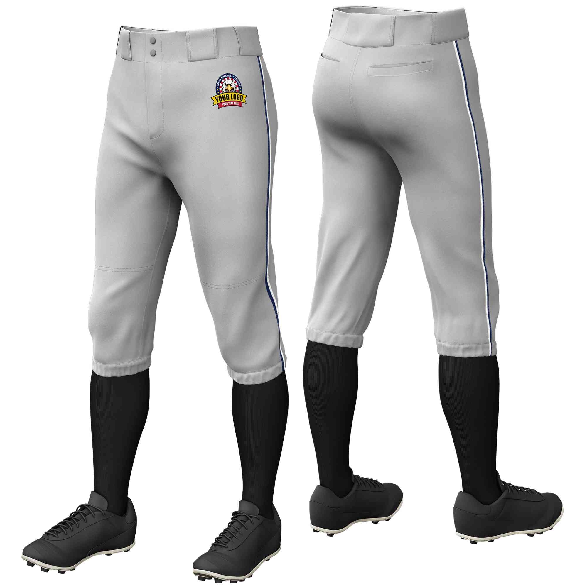 Pantalon de baseball personnalisé gris marine-blanc, coupe classique, culotte d'entraînement extensible