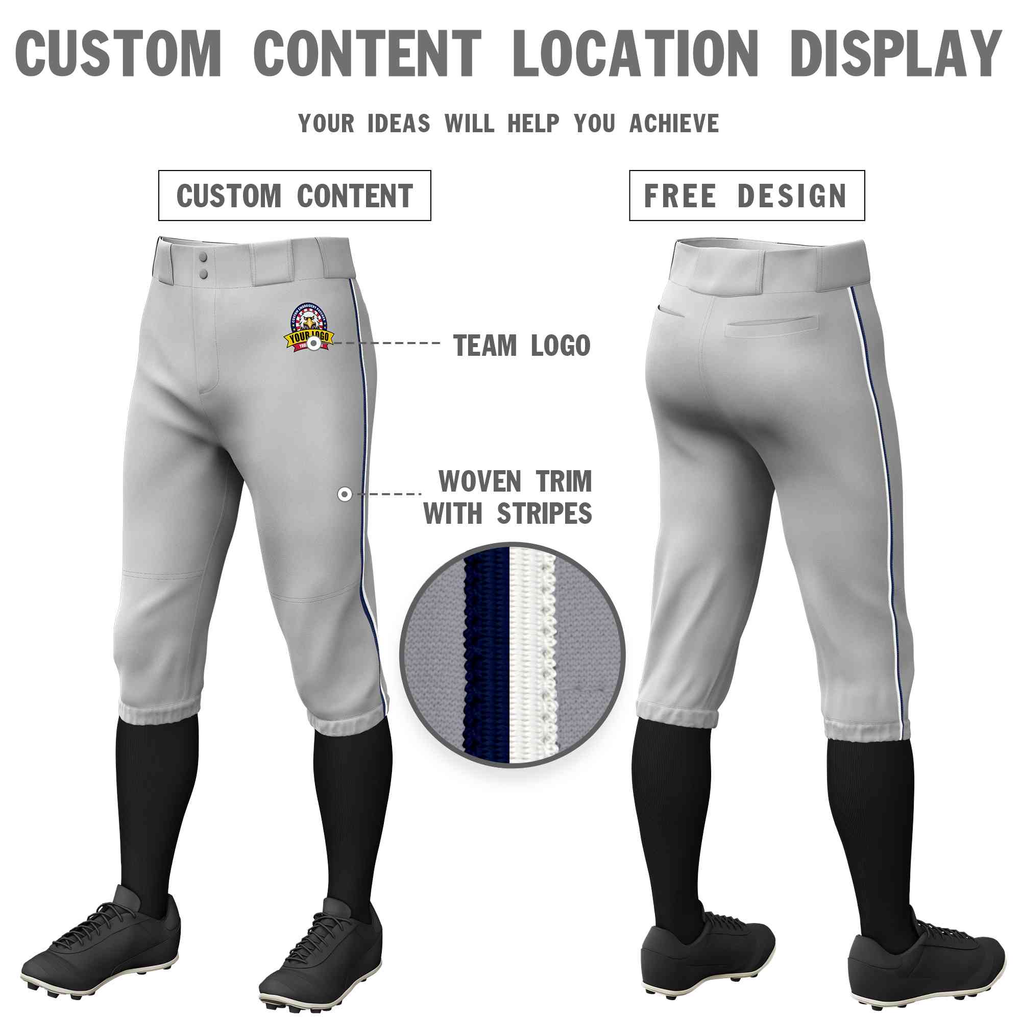 Pantalon de baseball personnalisé gris marine-blanc, coupe classique, culotte d'entraînement extensible