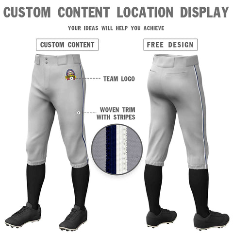 Custom Gray Navy-White Classic Fit Stretch Practice Knickers Baseball Pants