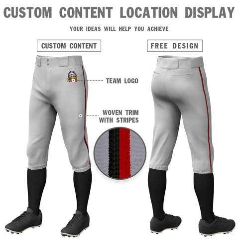 Custom Gray Black-Red Classic Fit Stretch Practice Knickers Baseball Pants