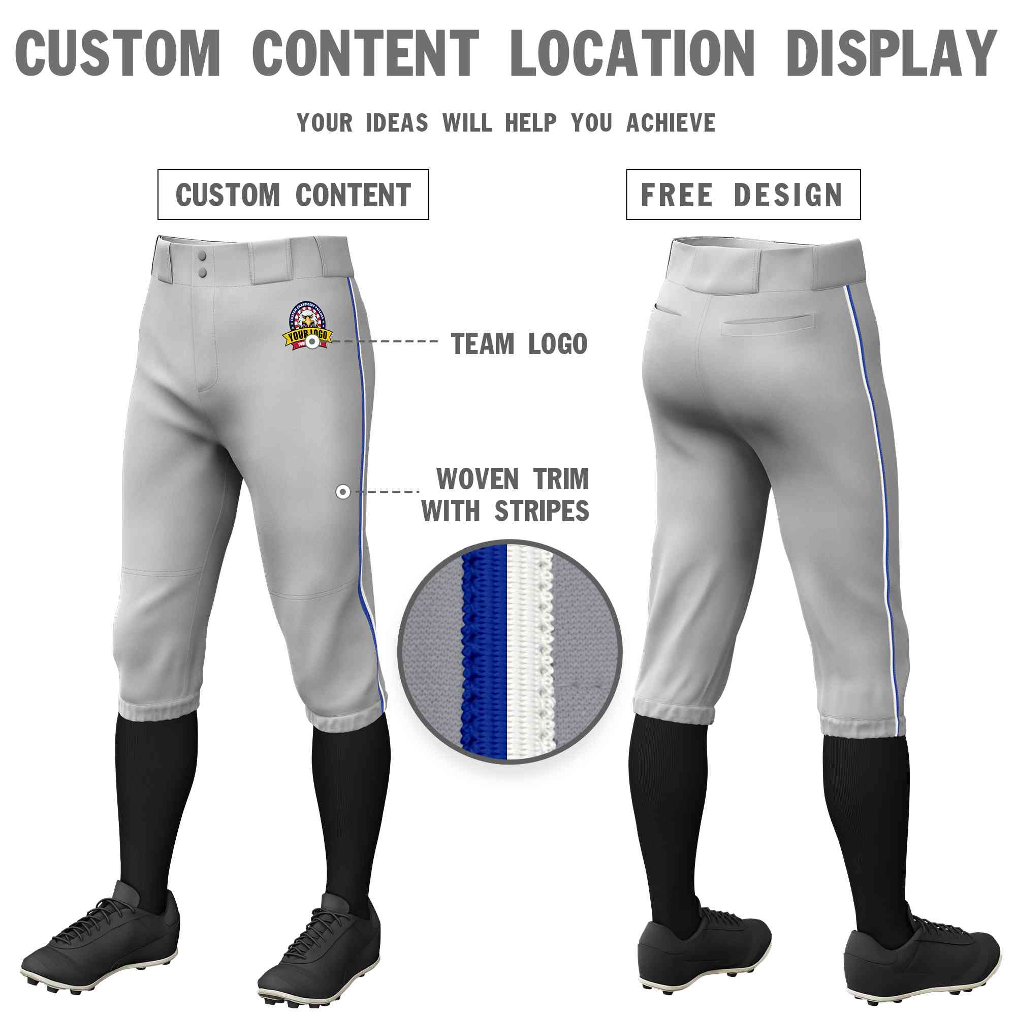 Custom Gray Royal-White Classic Fit Stretch Practice Knickers Baseball Pants