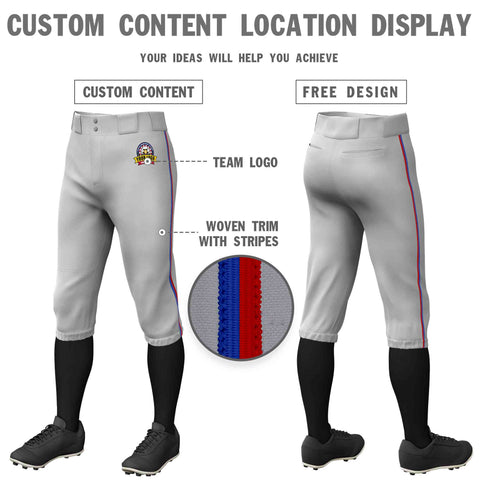 Custom Gray Royal-Red Classic Fit Stretch Practice Knickers Baseball Pants