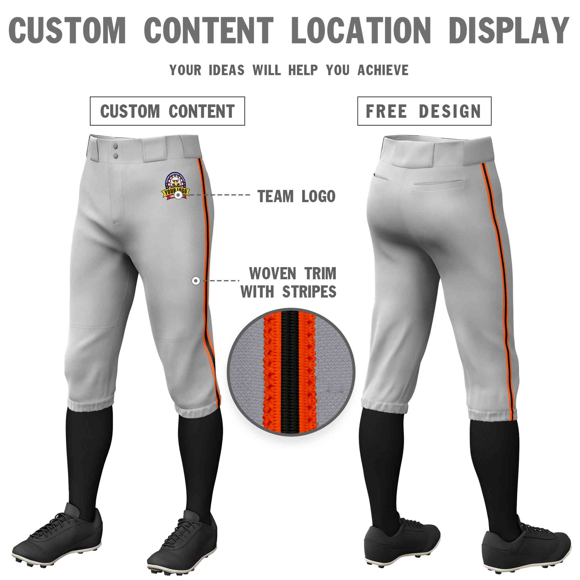 Custom Gray Orange Black-Orange Classic Fit Stretch Practice Knickers Baseball Pants