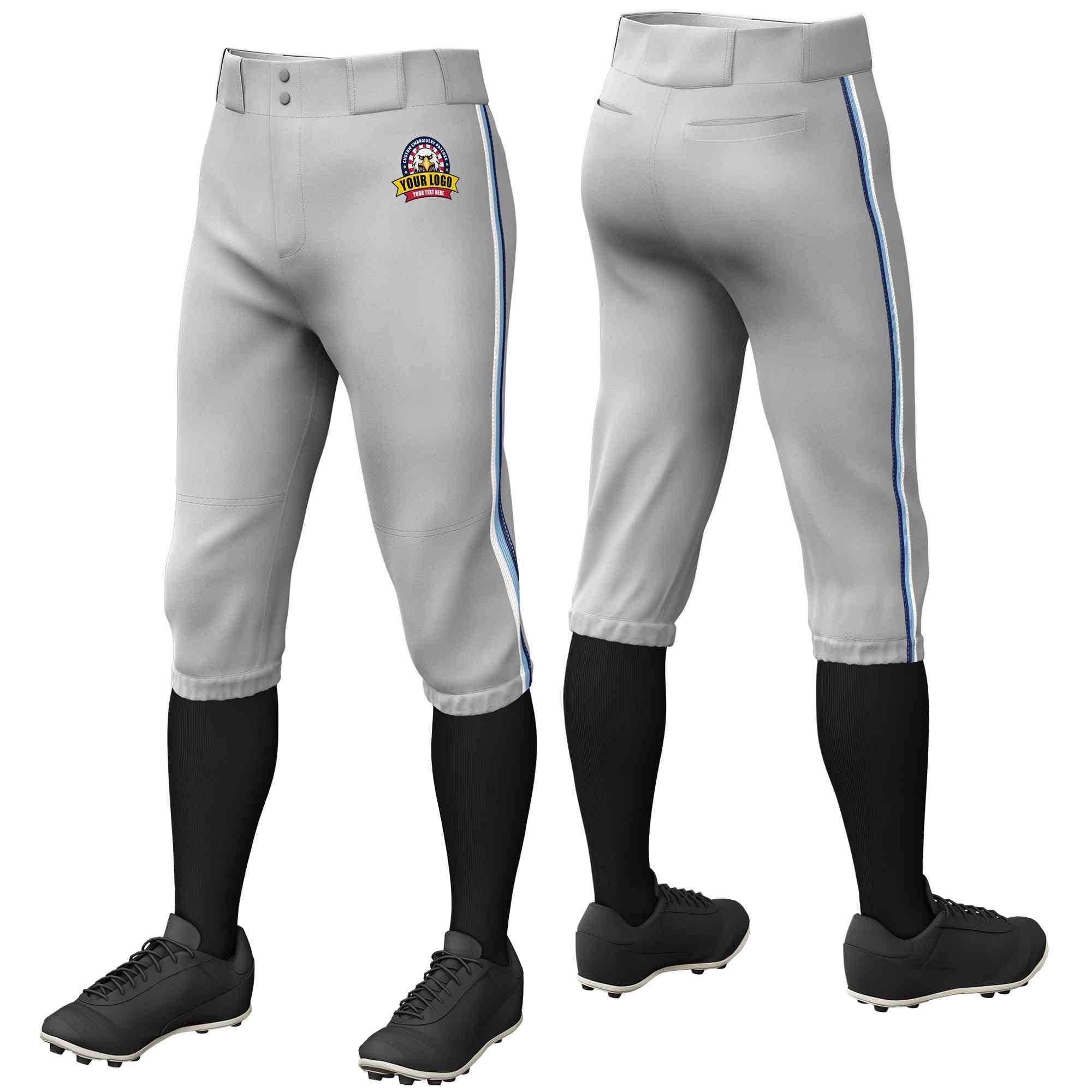 Pantalon de baseball personnalisé gris blanc bleu clair-bleu marine, culotte d'entraînement extensible, coupe classique