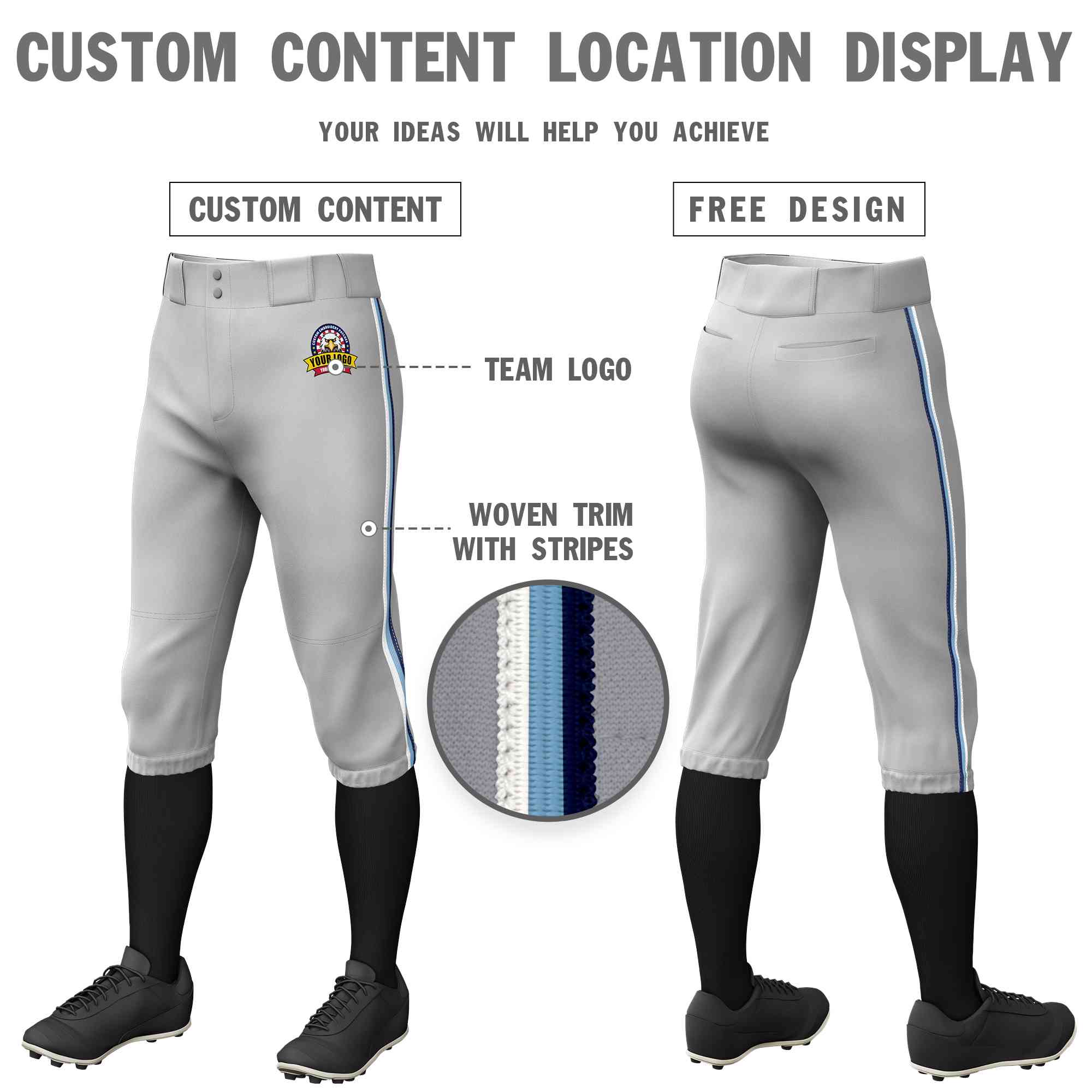 Pantalon de baseball personnalisé gris blanc bleu clair-bleu marine, culotte d'entraînement extensible, coupe classique