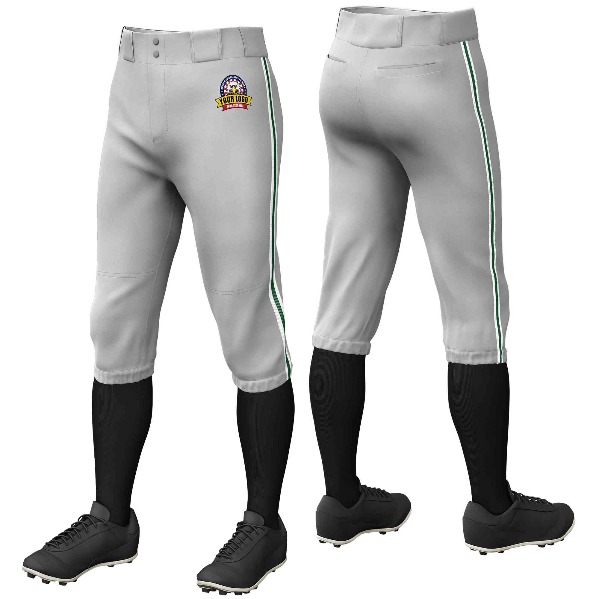 Custom Gray White Green-White Classic Fit Stretch Practice Knickers Baseball Pants