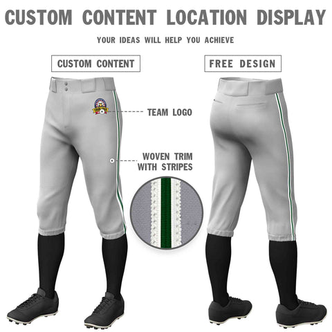 Custom Gray White Green-White Classic Fit Stretch Practice Knickers Baseball Pants