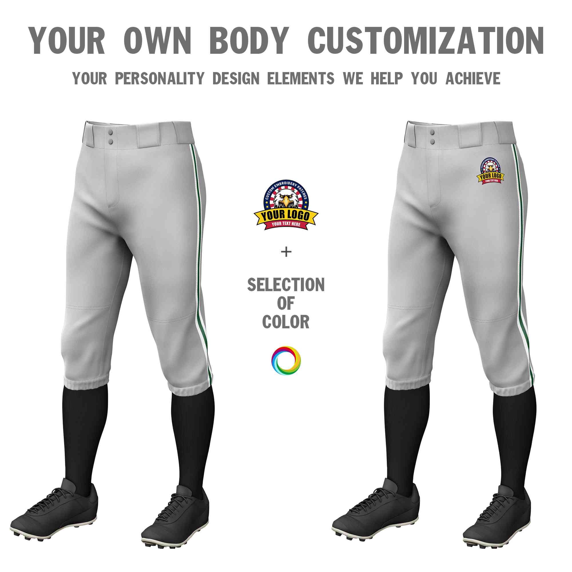 Custom Gray White Green-White Classic Fit Stretch Practice Knickers Baseball Pants