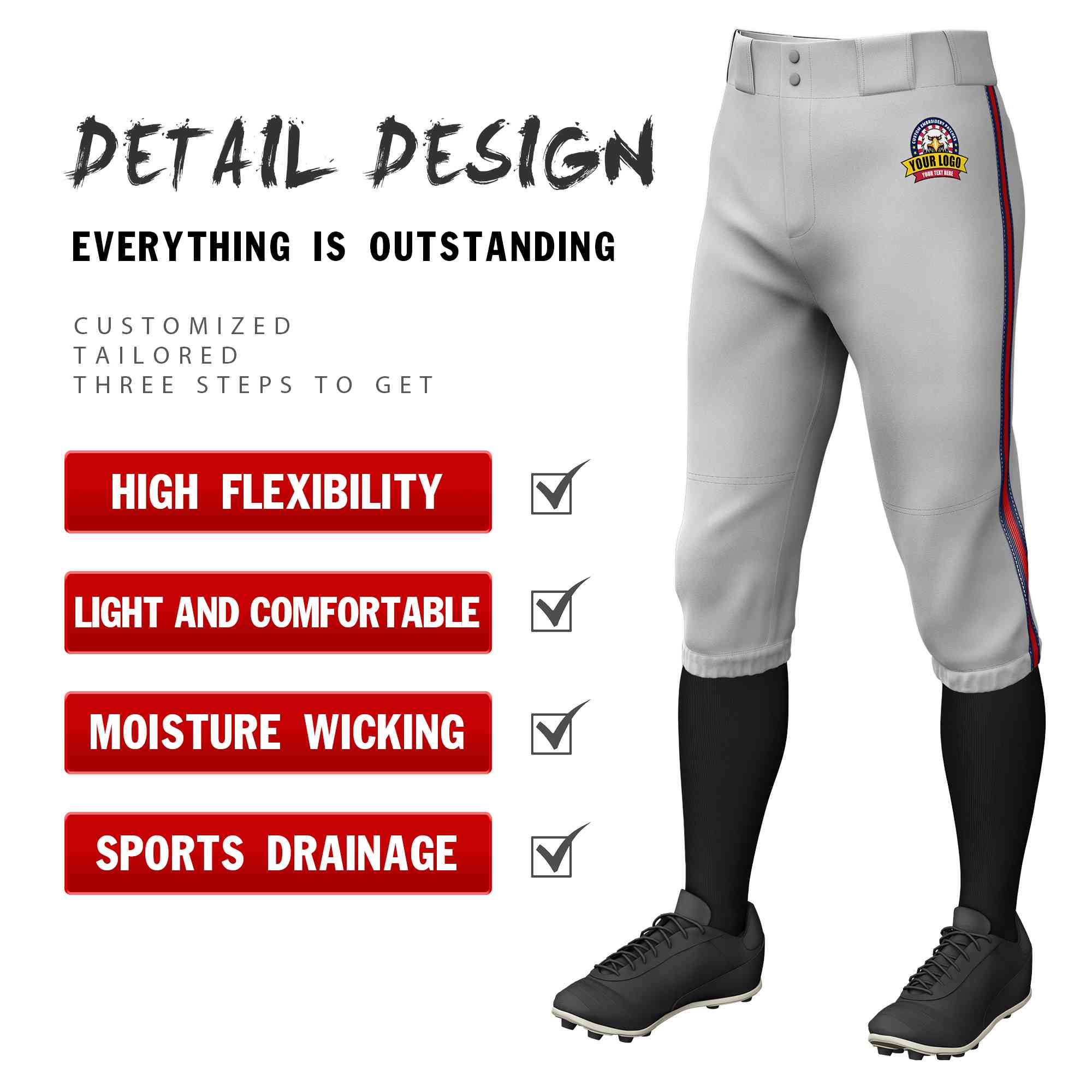 Pantalon de baseball personnalisé gris marine rouge-marine, coupe classique, culotte d'entraînement extensible