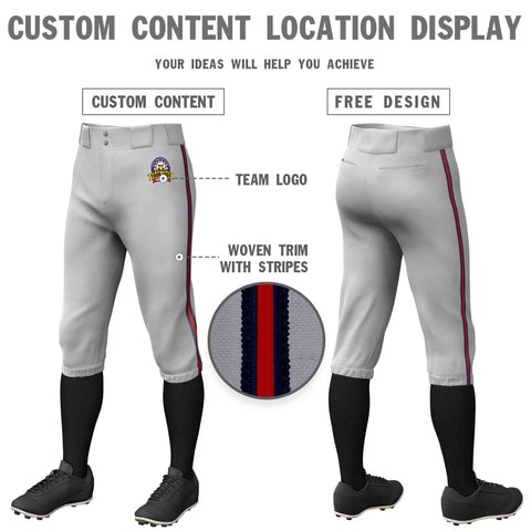 Custom Gray Navy Red-Navy Classic Fit Stretch Practice Knickers Baseball Pants