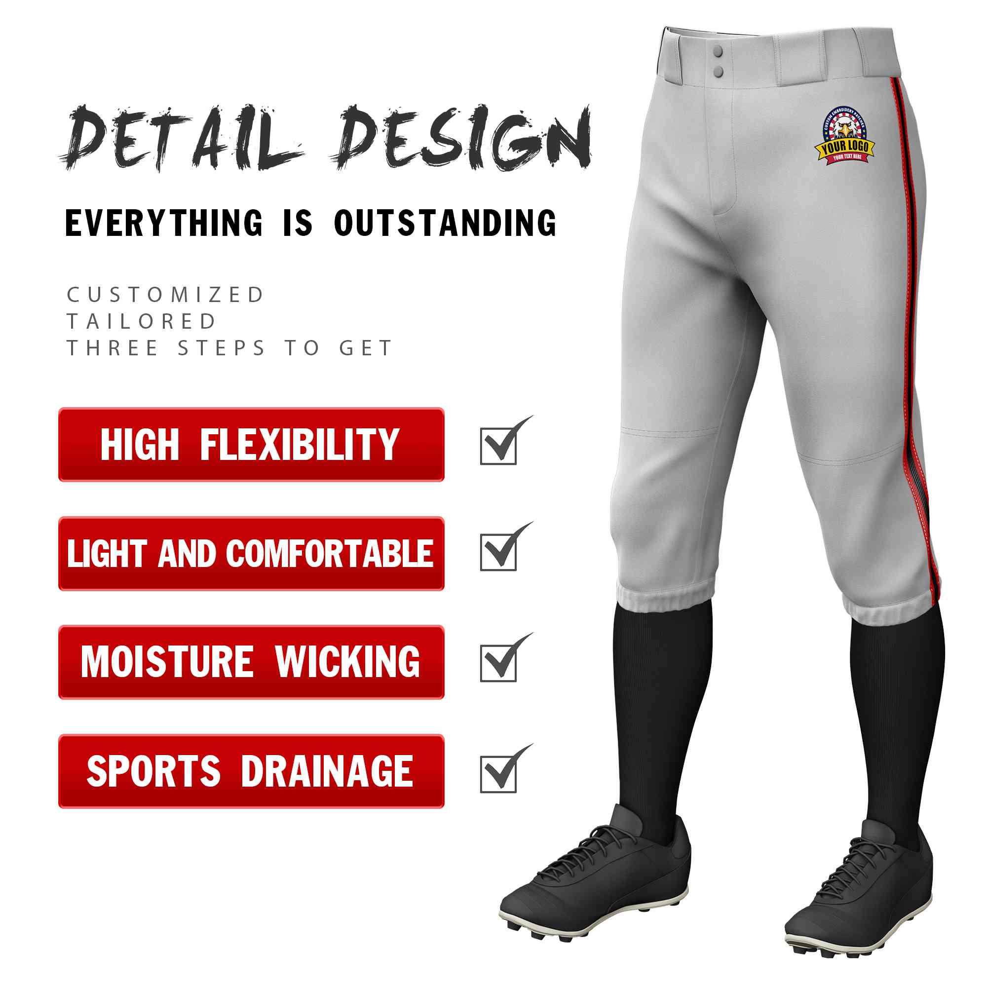 Custom Gray Red Black-Red Classic Fit Stretch Practice Knickers Baseball Pants