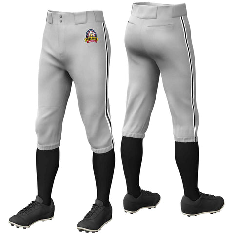 Custom Gray White Black-White Classic Fit Stretch Practice Knickers Baseball Pants