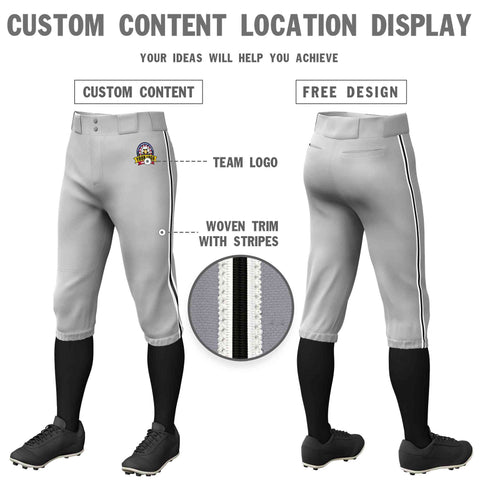 Custom Gray White Black-White Classic Fit Stretch Practice Knickers Baseball Pants